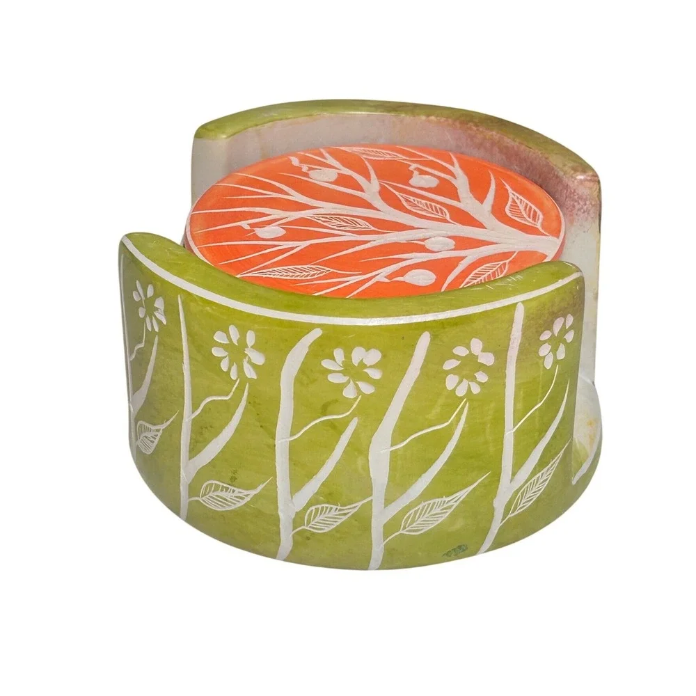 Ten Thousand Villages Orchard Tree Coaster Set Kenya Soapstone Hand Carved 6pc
